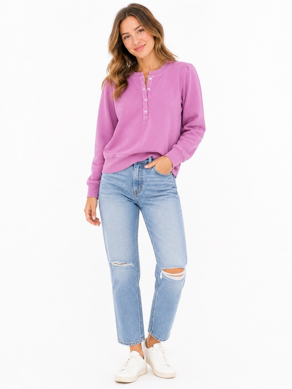 Evereve‎ Pink Button-Front Henley Sweatshirt Size M